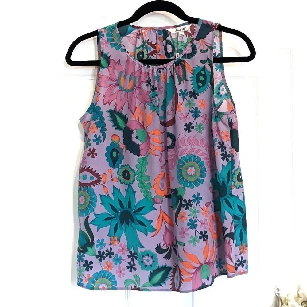 Tucker Shirred Neckline Top Lilac Garden Party in Crepe de Chine Silk Floral